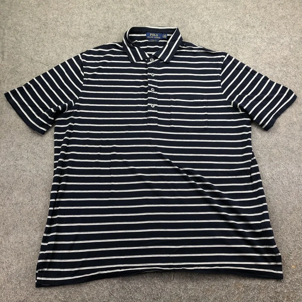 Polo Ralph Lauren Polo Shirt Mens 2XL Blue Striped Jersey Pocket Classic Fit